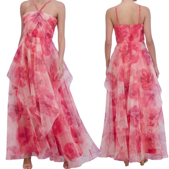 Eliza J Pink Floral Halter Chiffon Maxi Dress Gown Womens 8 Prom Homecoming Boho - Picture 1 of 12